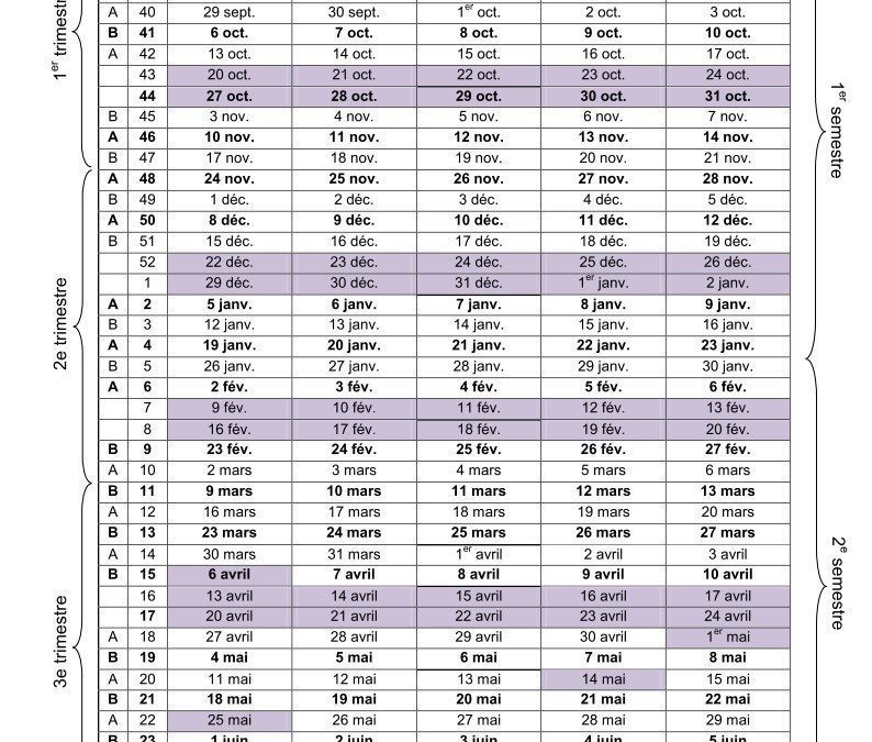 calendrier semaine A ou B